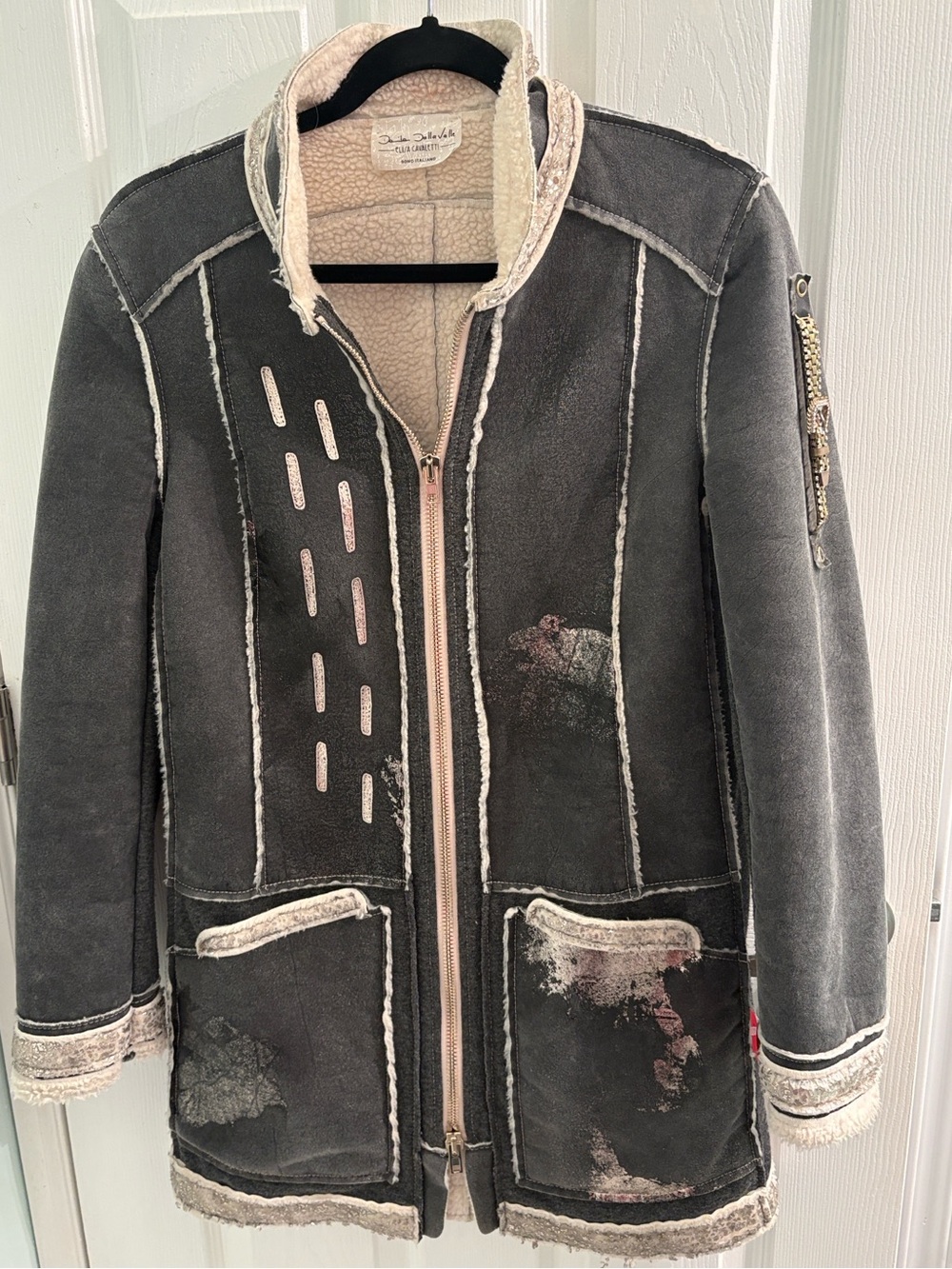 Elisa Cavaletti Cream Sherpa-Lined Jacket Interior Label